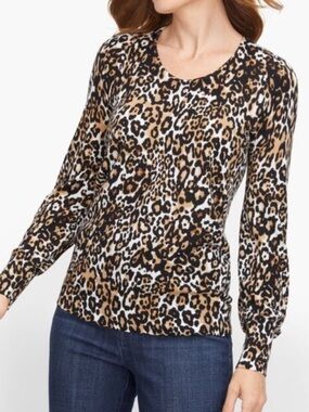 Talbots Petite Leopard Print Merino Wool Crewneck - Brown, Black, White sz XP